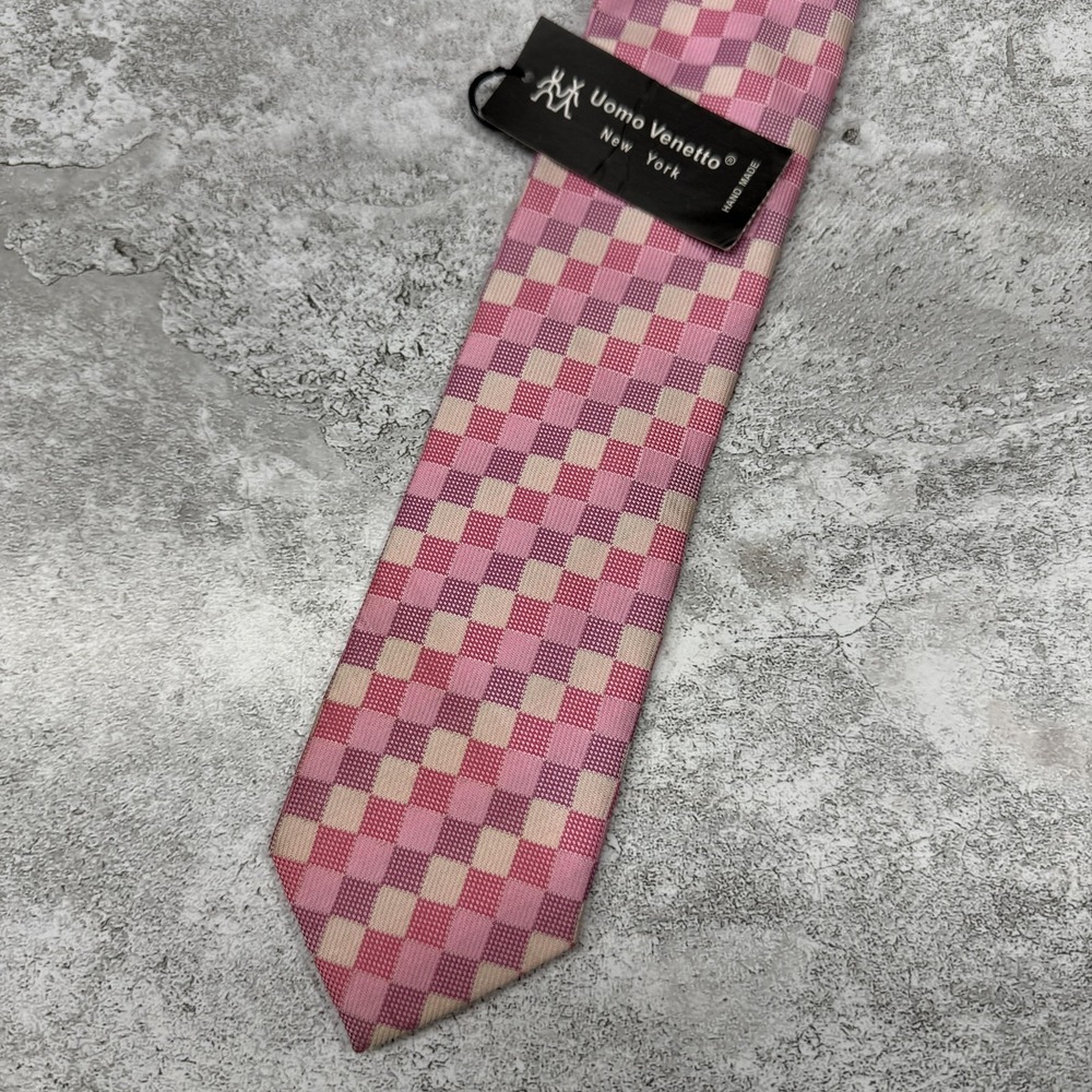 Uomo Venetto Polyester Tie Mens One Size Pink Plaid‎ Made In China Necktie